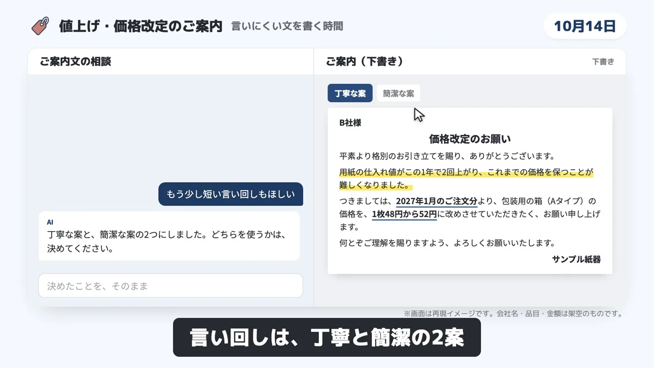 値上げ・価格改定のご案内のデモ画面（再現イメージ）