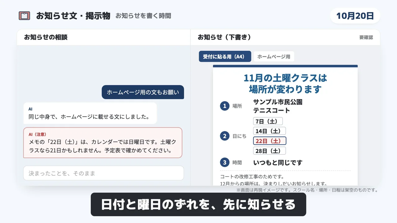 お知らせ文・掲示物のデモ画面（再現イメージ）