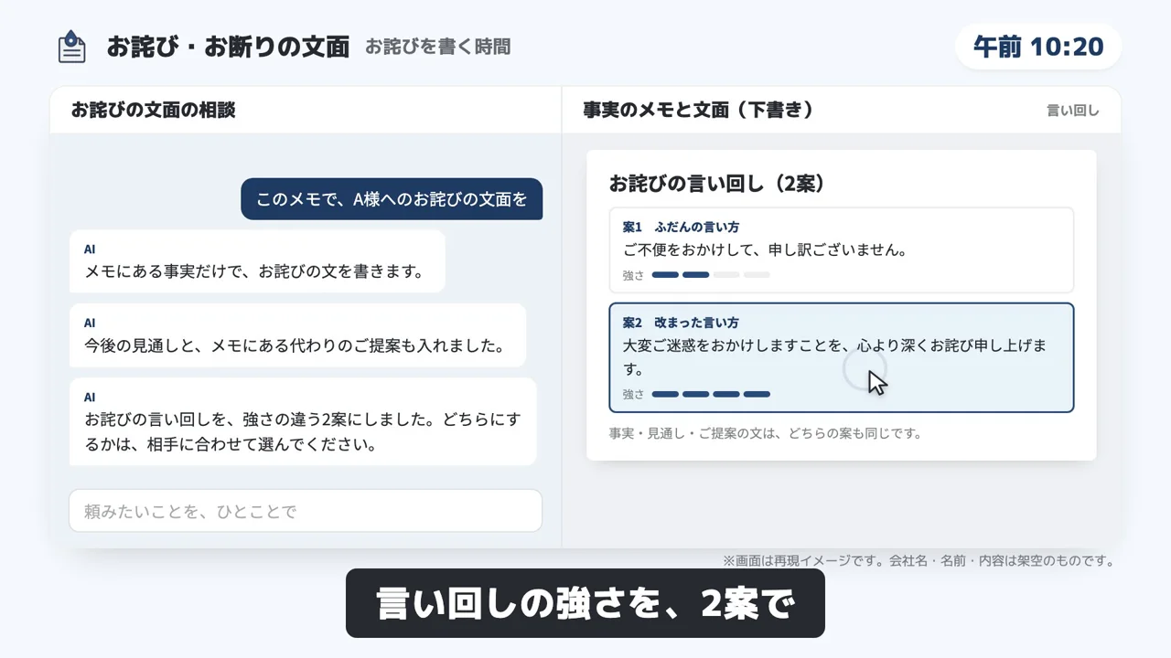 お詫び・お断りの文面のデモ画面（再現イメージ）