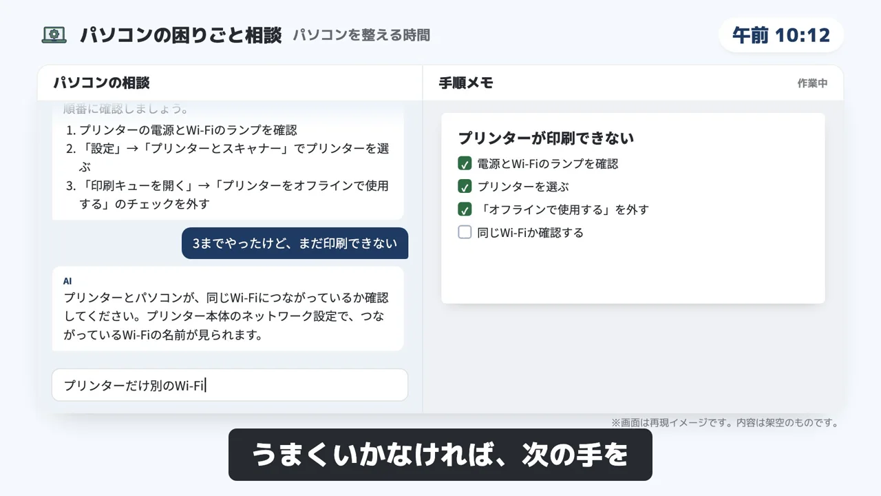 パソコンの困りごと相談のデモ画面（再現イメージ）
