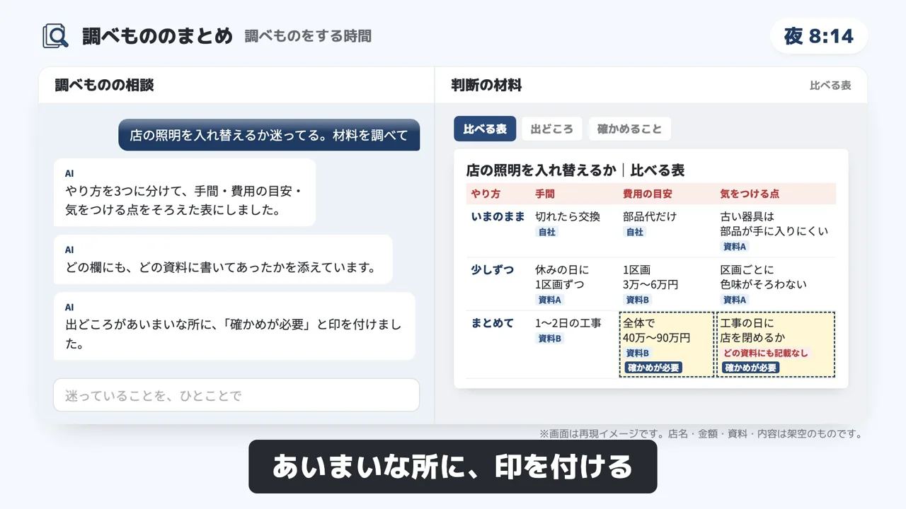 調べもののまとめのデモ画面（再現イメージ）