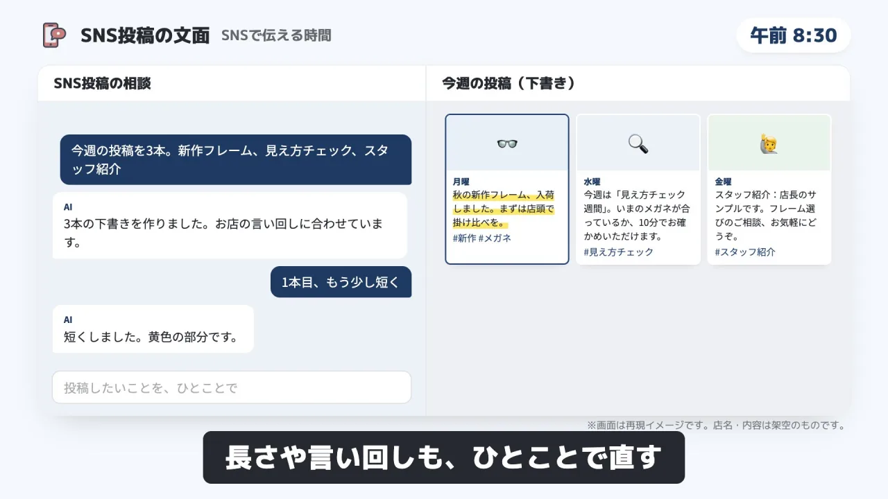 SNS投稿の文面のデモ画面（再現イメージ）