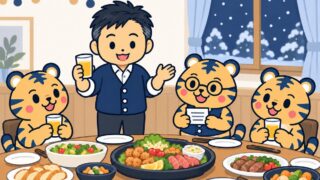 年末の食事会で、経営者が飲み物のグラスを手に挨拶し、室長の虎がメモカードを持ってうなずき、係の虎たちがグラスを持って聞いているイラスト