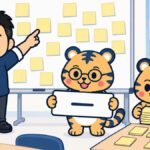 明るい事務所で経営者がホワイトボードに貼ったたくさんの付箋から1枚を指さして選んでいるイラスト。隣で室長のトラビーが短い線の入った横長の札を掲げ、係のトラビーが机で付箋を束ねている