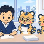冬の事務所で経営者が机に向かい、はがきにペンで一言を書き足しているイラスト。室長のトラビーが書き終えたはがきの束を持ち、係のトラビーが赤い箱にはがきを入れている