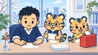 冬の事務所で経営者が机に向かい、はがきにペンで一言を書き足しているイラスト。室長のトラビーが書き終えたはがきの束を持ち、係のトラビーが赤い箱にはがきを入れている