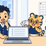 年末の事務所で、経営者がノートPCで挨拶メールを用意し、室長トラビーが封筒のカードを見せ、係のトラビーがカレンダーの年末の日に丸を付けているイラスト