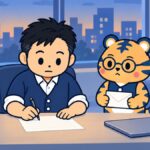 夕方の静かな事務所で経営者が机に向かい便箋にペンで言葉を書き、室長のトラビーが白い封筒を持って横で見守っているイラスト。机には白い花を1輪さした花びんがある