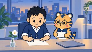 夕方の静かな事務所で経営者が机に向かい便箋にペンで言葉を書き、室長のトラビーが白い封筒を持って横で見守っているイラスト。机には白い花を1輪さした花びんがある