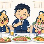 送別会の席で、経営者が胸に手を当てて挨拶し、花束を抱えた係のトラビーと、グラスを持った室長トラビーが笑顔で聞いている